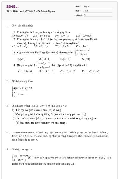 Đề thi Giữa học kỳ 2 Toán 9 - Đề 64 có đáp án