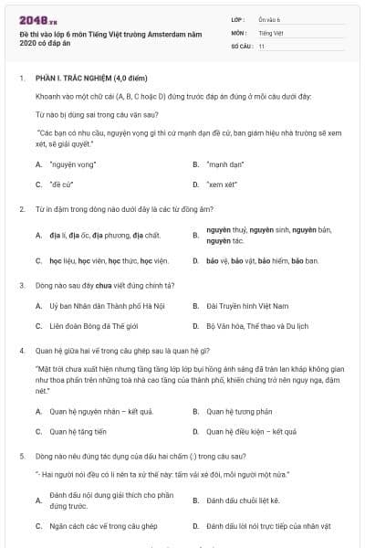 Đề thi vào lớp 6 môn Tiếng Việt trường Amsterdam năm 2020 có đáp án