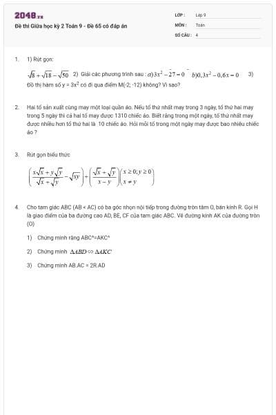 Đề thi Giữa học kỳ 2 Toán 9 - Đề 65 có đáp án