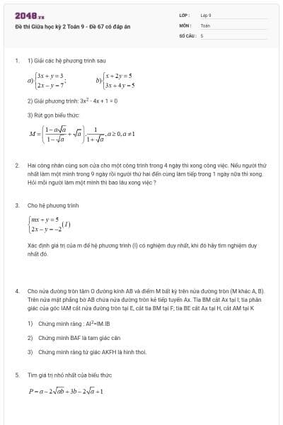 Đề thi Giữa học kỳ 2 Toán 9 - Đề 67 có đáp án
