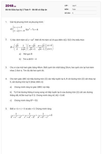 Đề thi Giữa học kỳ 2 Toán 9 - Đề 68 có đáp án
