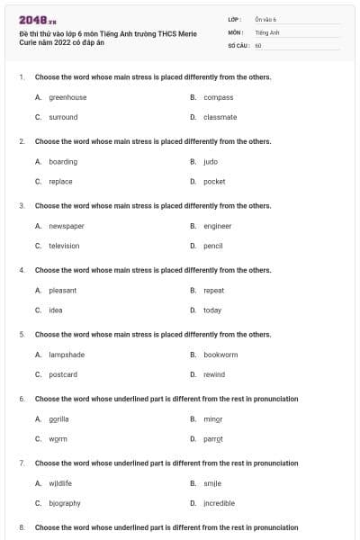Đề thi thử vào lớp 6 môn Tiếng Anh trường THCS Merie Curie năm 2022 có đáp án