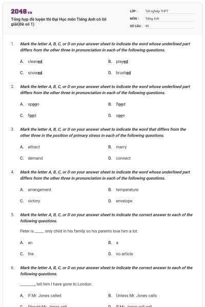 Tổng hợp đề luyện thi Đại Học môn Tiếng Anh có lời giải(Đề số 1)