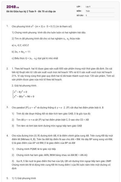 Đề thi Giữa học kỳ 2 Toán 9 - Đề 70 có đáp án