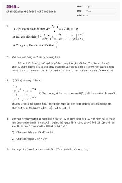 Đề thi Giữa học kỳ 2 Toán 9 - Đề 71 có đáp án