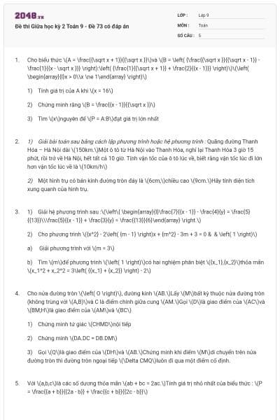 Đề thi Giữa học kỳ 2 Toán 9 - Đề 73 có đáp án
