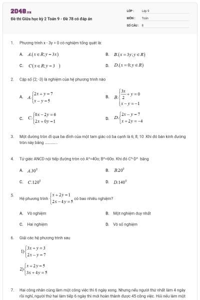 Đề thi Giữa học kỳ 2 Toán 9 - Đề 78 có đáp án