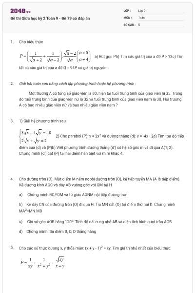 Đề thi Giữa học kỳ 2 Toán 9 - Đề 79 có đáp án