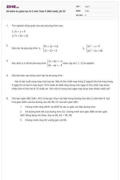 Đề kiểm tra giữa học kì 2 môn Toán 9 (Mới nhất)_đề 33
