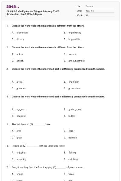 Đề thi thử vào lớp 6 môn Tiếng Anh trường THCS Amsterdam năm 2019 có đáp án