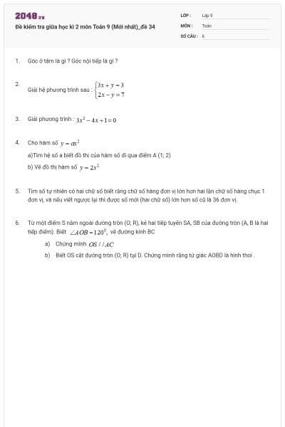 Đề kiểm tra giữa học kì 2 môn Toán 9 (Mới nhất)_đề 34