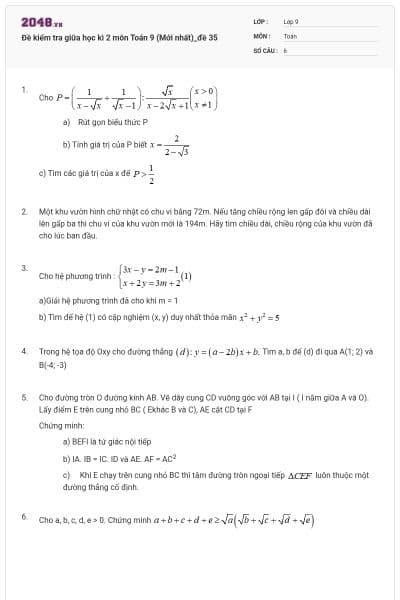 Đề kiểm tra giữa học kì 2 môn Toán 9 (Mới nhất)_đề 35