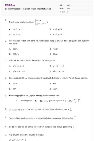 Đề kiểm tra giữa học kì 2 môn Toán 9 (Mới nhất)_đề 36