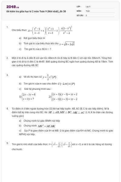 Đề kiểm tra giữa học kì 2 môn Toán 9 (Mới nhất)_đề 38
