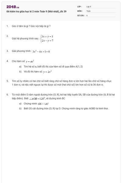 Đề kiểm tra giữa học kì 2 môn Toán 9 (Mới nhất)_đề 39
