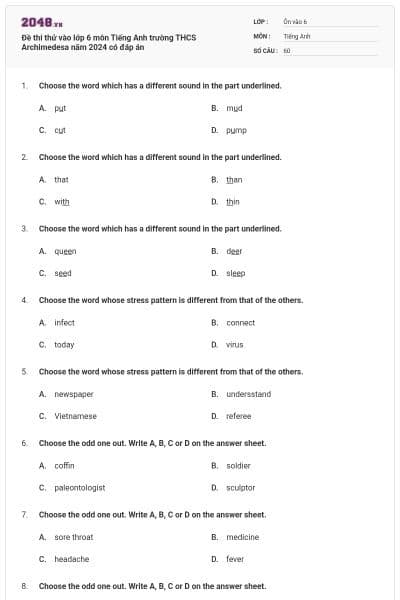 Đề thi thử vào lớp 6 môn Tiếng Anh trường THCS Archimedesa năm 2024 có đáp án