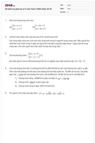 Đề kiểm tra giữa học kì 2 môn Toán 9 (Mới nhất)_đề 40