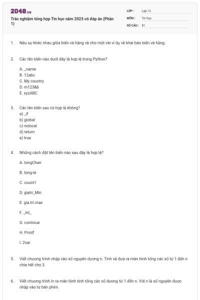 Trắc nghiệm tổng hợp Tin học năm 2023 có đáp án (Phần 1)