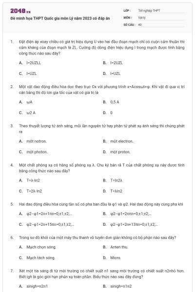 Đề minh họa THPT Quốc gia môn Lý năm 2023 có đáp án