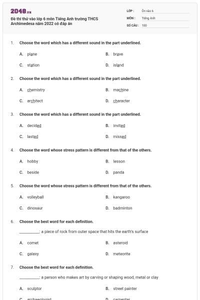Đề thi thử vào lớp 6 môn Tiếng Anh trường THCS Archimedesa năm 2022 có đáp án