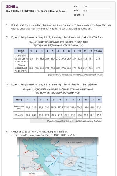 Giải SGK Địa lí 8 KNTT Bài 4: Khí hậu Việt Nam có đáp án