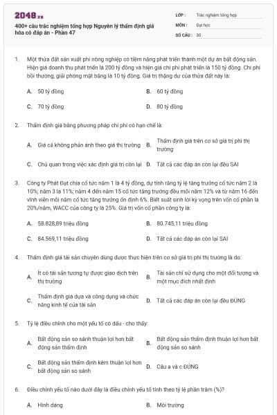 400+ câu trắc nghiệm tổng hợp Nguyên lý thẩm định giá hóa có đáp án - Phần 47