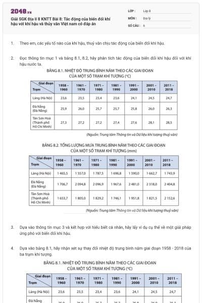 Giải SGK Địa lí 8 KNTT Bài 8: Tác động của biến đổi khí hậu với khí hậu và thủy văn Việt nam có đáp án