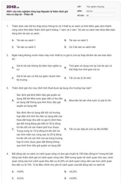 400+ câu trắc nghiệm tổng hợp Nguyên lý thẩm định giá hóa có đáp án - Phần 48