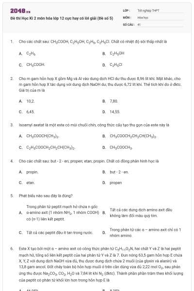 Đề thi Học Kì 2 môn hóa lớp 12 cực hay có lời giải (Đề số 5)