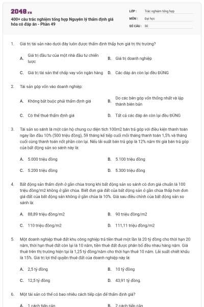 400+ câu trắc nghiệm tổng hợp Nguyên lý thẩm định giá hóa có đáp án - Phần 49