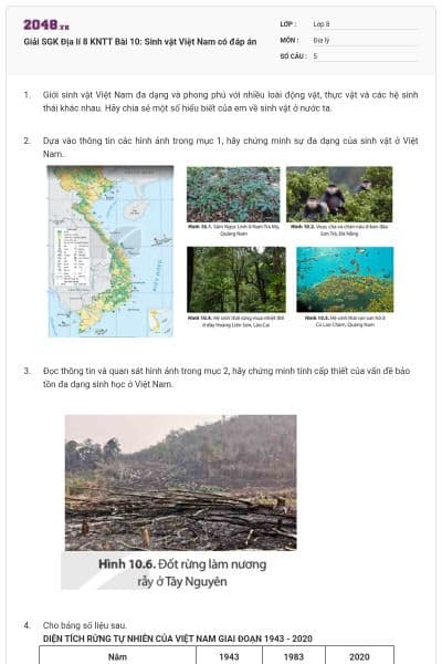 Giải SGK Địa lí 8 KNTT Bài 10: Sinh vật Việt Nam có đáp án