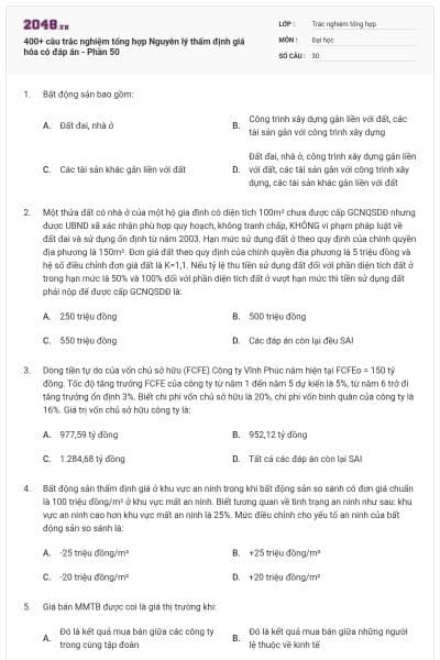 400+ câu trắc nghiệm tổng hợp Nguyên lý thẩm định giá hóa có đáp án - Phần 50
