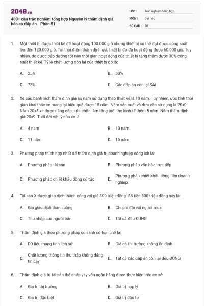 400+ câu trắc nghiệm tổng hợp Nguyên lý thẩm định giá hóa có đáp án - Phần 51