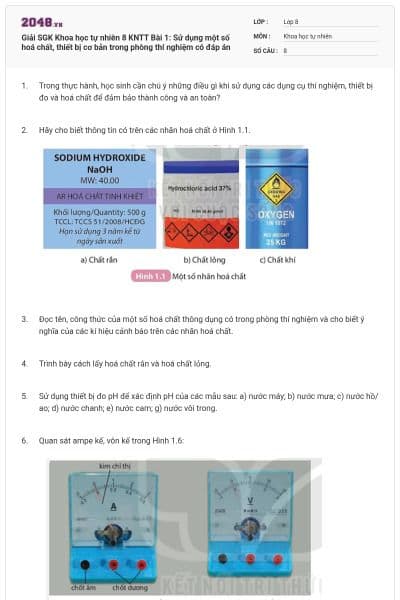 Giải SGK Khoa học tự nhiên 8 KNTT Bài 1: Sử dụng một số hoá chất, thiết bị cơ bản trong phòng thí nghiệm có đáp án