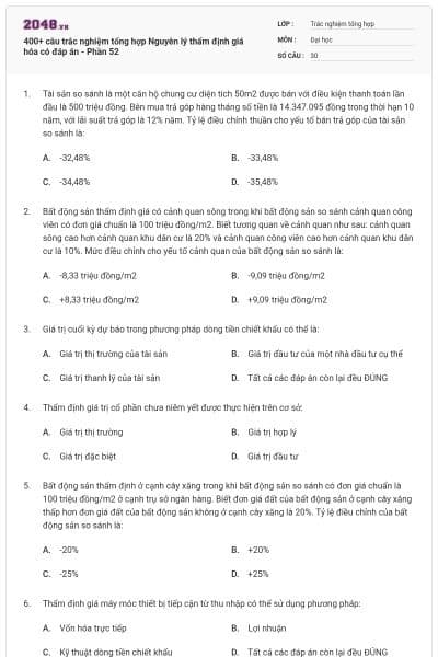 400+ câu trắc nghiệm tổng hợp Nguyên lý thẩm định giá hóa có đáp án - Phần 52