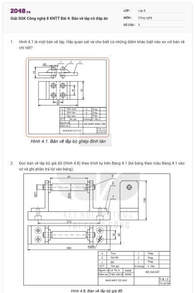 Giải SGK Công nghệ 8 KNTT Bài 4: Bản vẽ lắp có đáp án