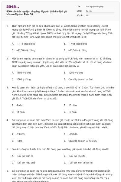 400+ câu trắc nghiệm tổng hợp Nguyên lý thẩm định giá hóa có đáp án - Phần 54