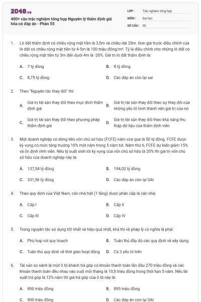 400+ câu trắc nghiệm tổng hợp Nguyên lý thẩm định giá hóa có đáp án - Phần 55