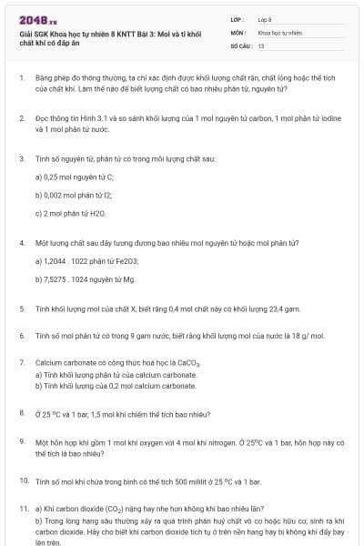 Giải SGK Khoa học tự nhiên 8 KNTT Bài 3: Mol và tỉ khối chất khí có đáp án
