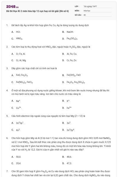 Đề thi Học Kì 2 môn hóa lớp 12 cực hay có lời giải (Đề số 6)