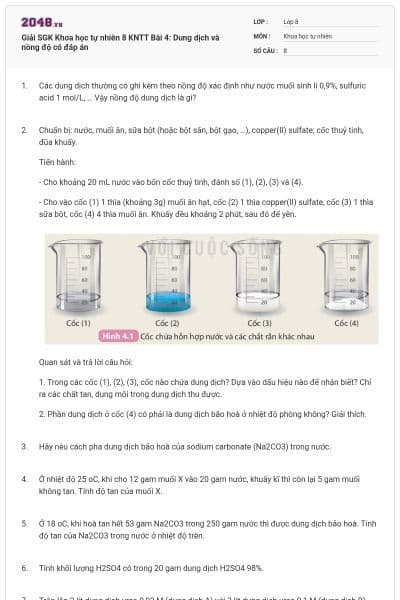 Giải SGK Khoa học tự nhiên 8 KNTT Bài 4: Dung dịch và nồng độ có đáp án