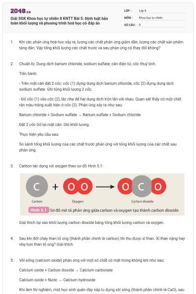 Giải SGK Khoa học tự nhiên 8 KNTT Bài 5: Định luật bảo toàn khối lượng và phương trình hoá học có đáp án