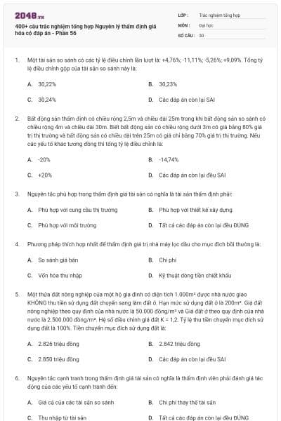 400+ câu trắc nghiệm tổng hợp Nguyên lý thẩm định giá hóa có đáp án - Phần 56
