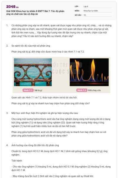Giải SGK Khoa học tự nhiên 8 KNTT Bài 7: Tốc độ phản ứng và chất xúc tác có đáp án