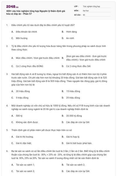 400+ câu trắc nghiệm tổng hợp Nguyên lý thẩm định giá hóa có đáp án - Phần 57