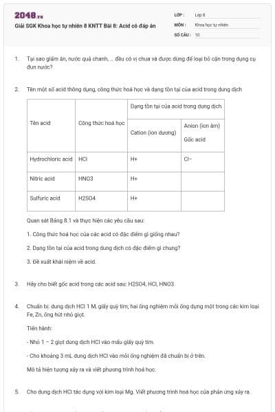 Giải SGK Khoa học tự nhiên 8 KNTT Bài 8: Acid có đáp án