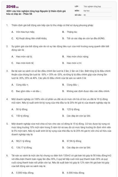 400+ câu trắc nghiệm tổng hợp Nguyên lý thẩm định giá hóa có đáp án - Phần 58