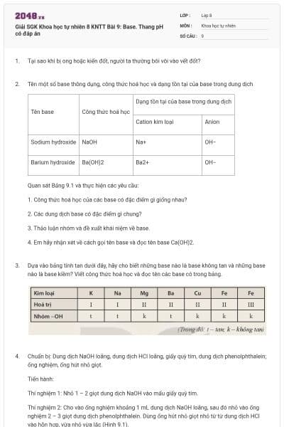 Giải SGK Khoa học tự nhiên 8 KNTT Bài 9: Base. Thang pH có đáp án