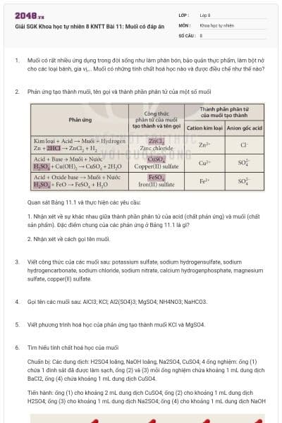 Giải SGK Khoa học tự nhiên 8 KNTT Bài 11: Muối có đáp án