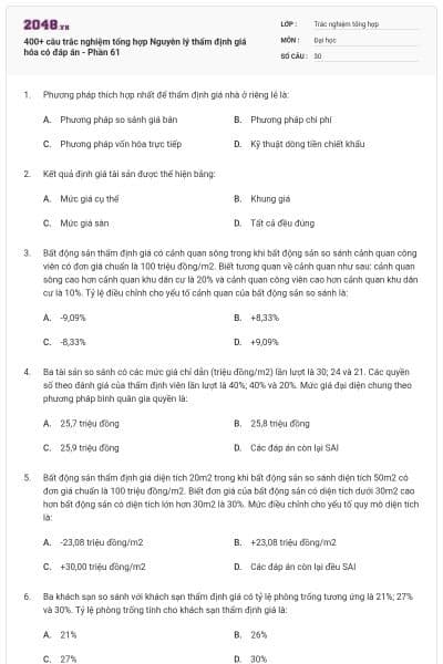 400+ câu trắc nghiệm tổng hợp Nguyên lý thẩm định giá hóa có đáp án - Phần 61